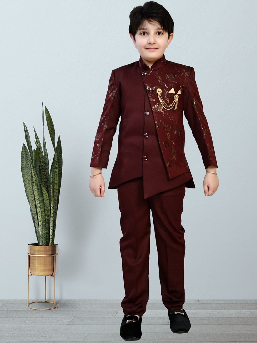 BAESD Boys Ethnic Self Design Mandarin Collar Sherwani Set  Color Maroon Size 2-3 Years