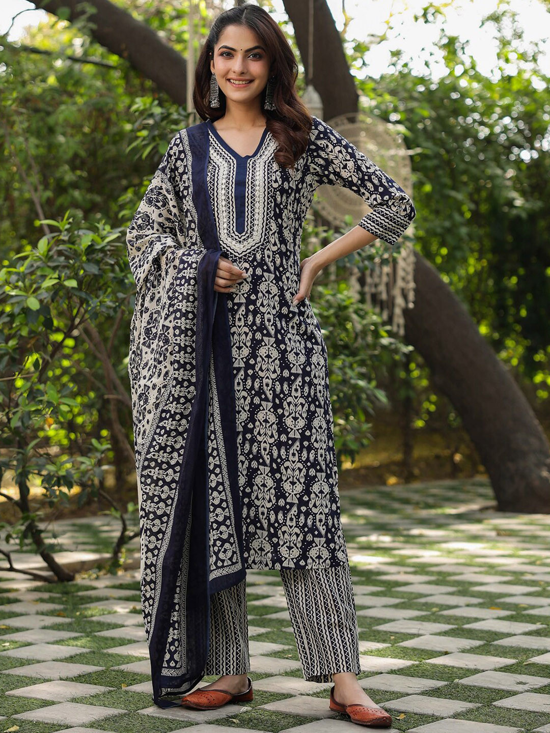 Rain & Rainbow Printed Mirror Work Pure Cotton Straight Kurta With Trousers & Dupatta