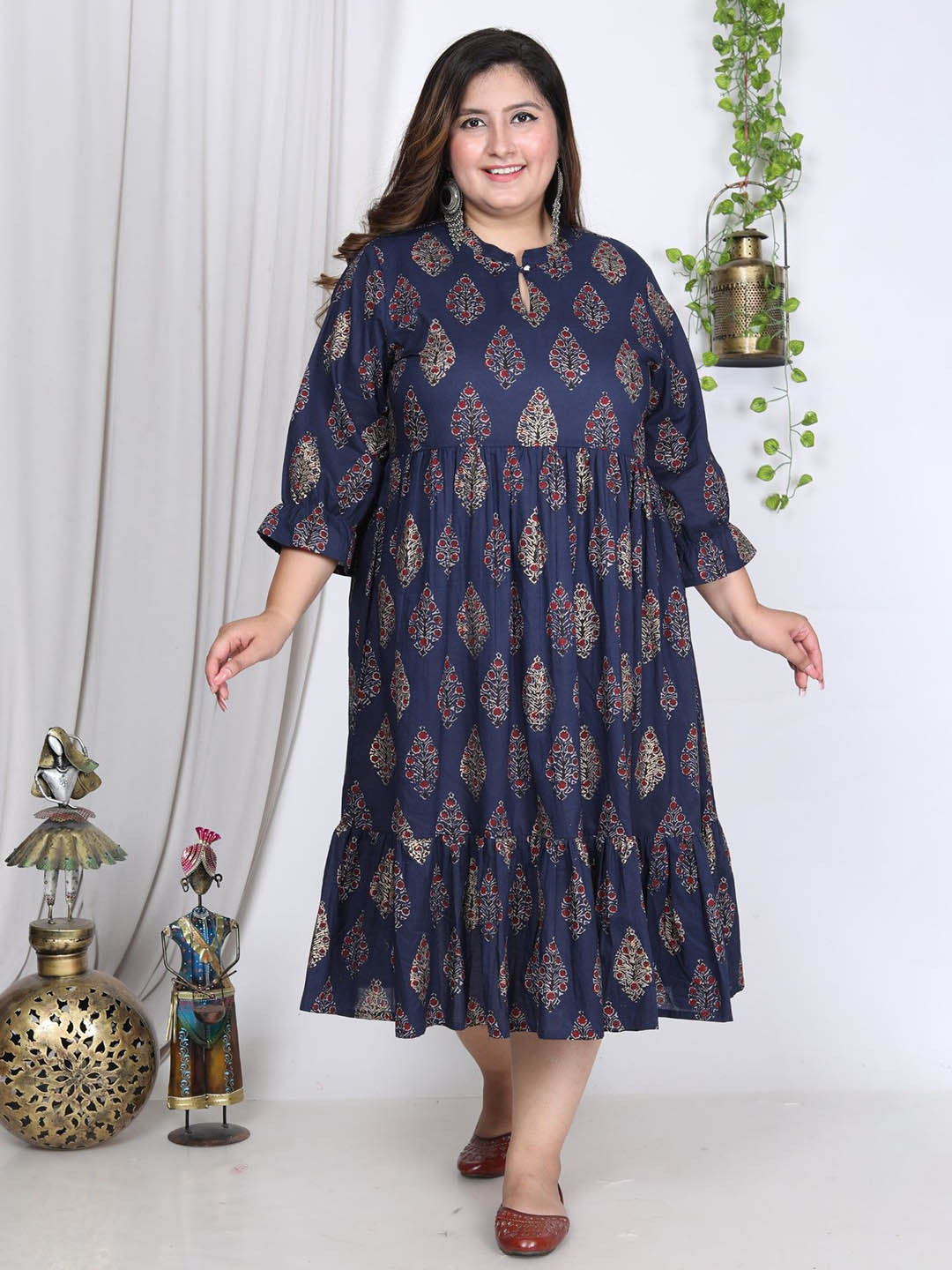 KALINI Women Plus Size Floral Printed Keyhole Neck Bell Sleeve Fit and Flare Midi Dress