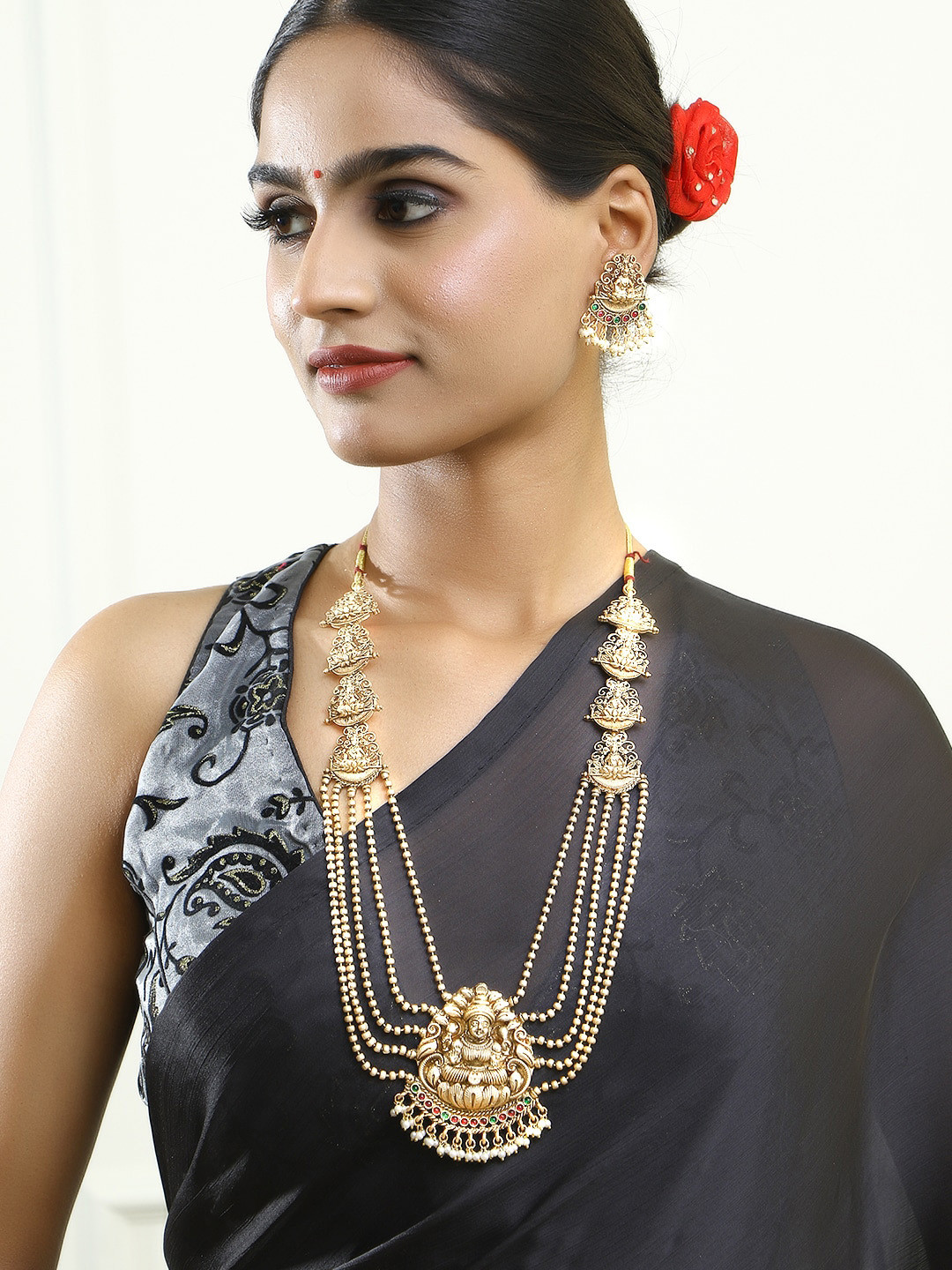 Adwitiya Collection  Gold-Plated Stones Studded & Perl Beaded Laxmi Layered Jewellery Set