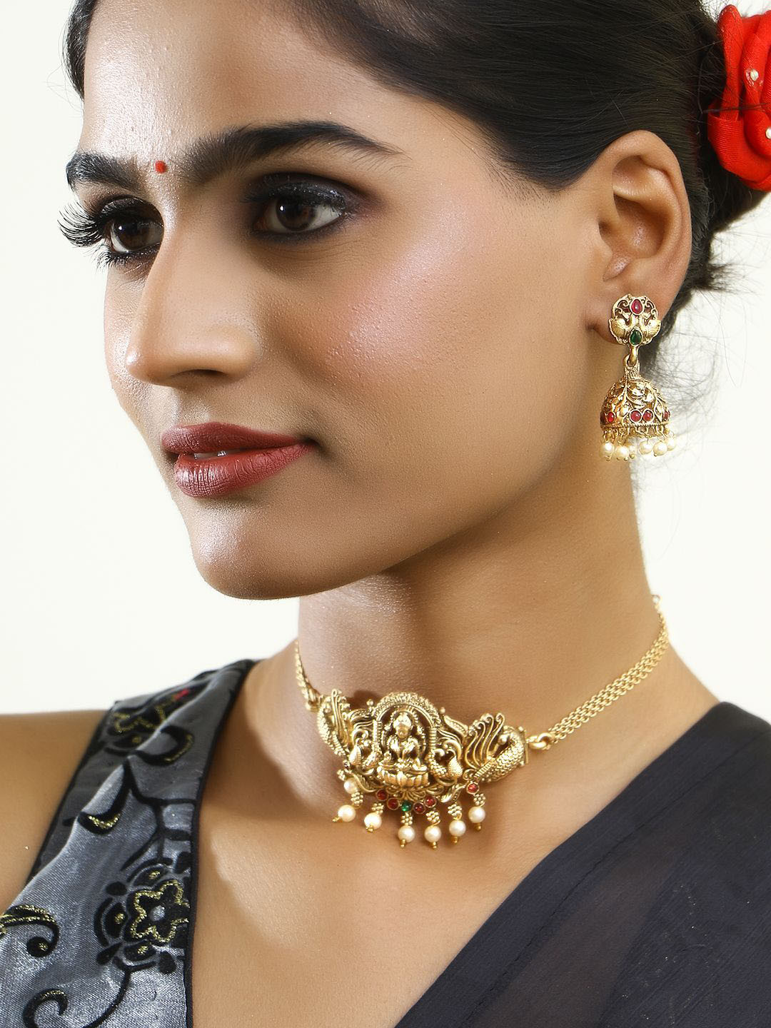 Adwitiya Collection Gold-Plated Stone-Studded & Beaded Laxmi Jewellery Set