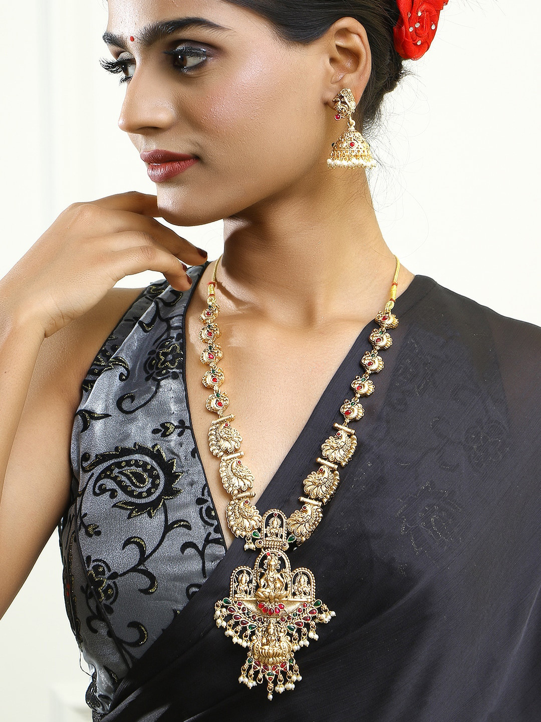 Adwitiya Collection Gold-Plated Peacock & Laxmi Designed Temple Jewellery Set
