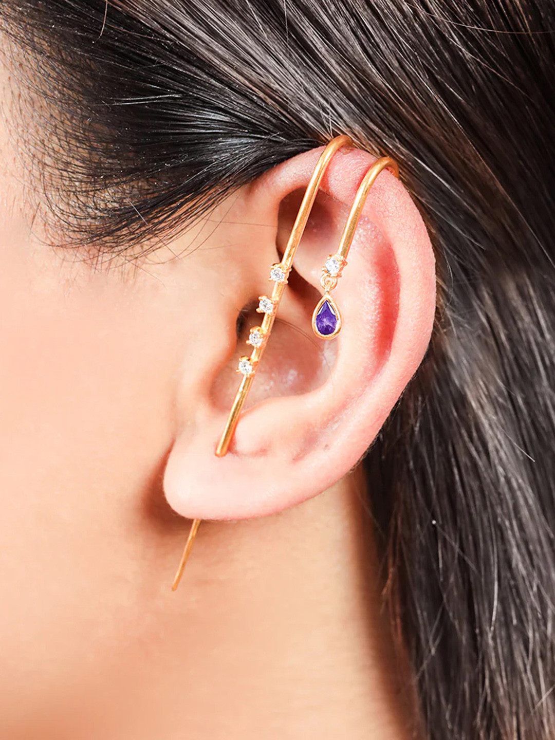 Unniyarcha 92.5 Silver Contemporary Amethyst Earcuff Earrings