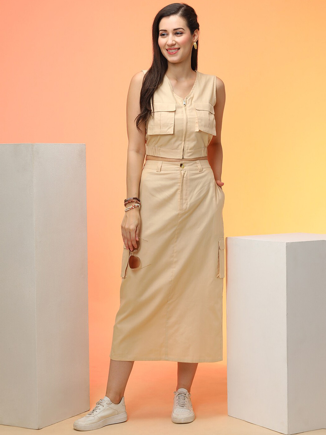 Globus Cargo Pocket Detail Crop Top & Midi Skirt Co-Ord Set