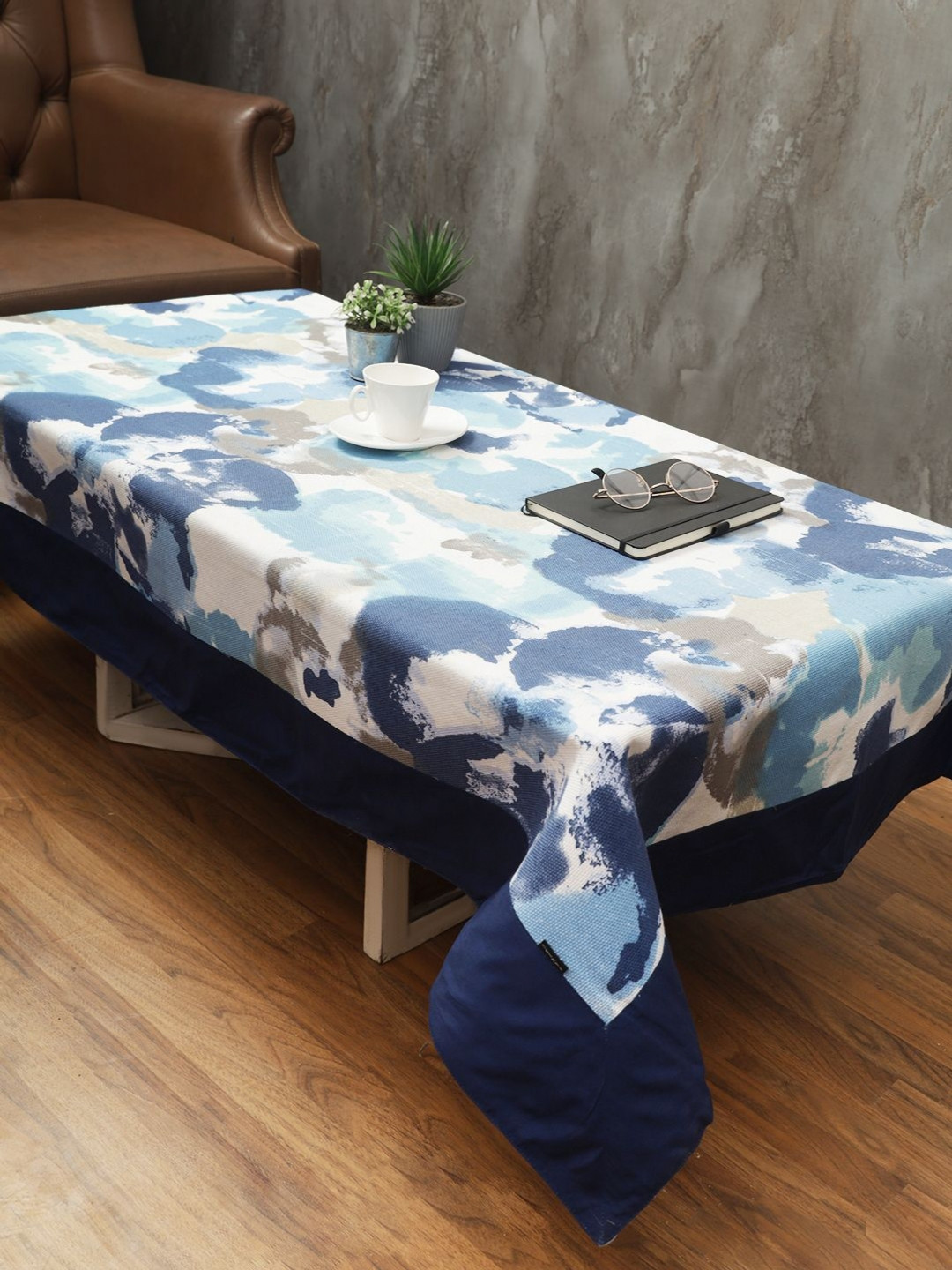 Soumya Navy Blue & White Abstract  Printed Rectangle Cotton Table Cover