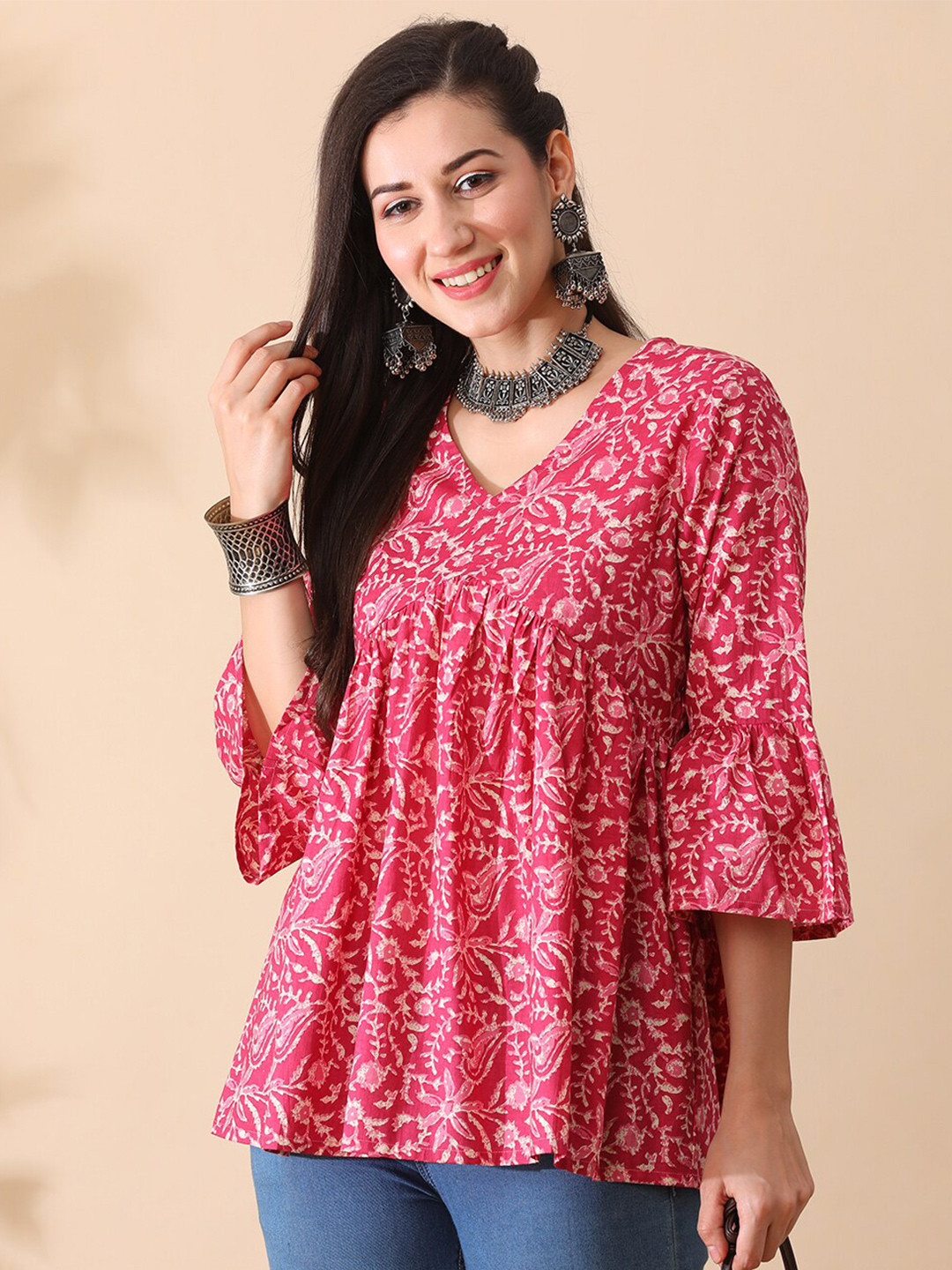 Globus Floral Printed V-Neck Bell Sleeves Gathered A-Line Aliya Cut Fusion Tunic