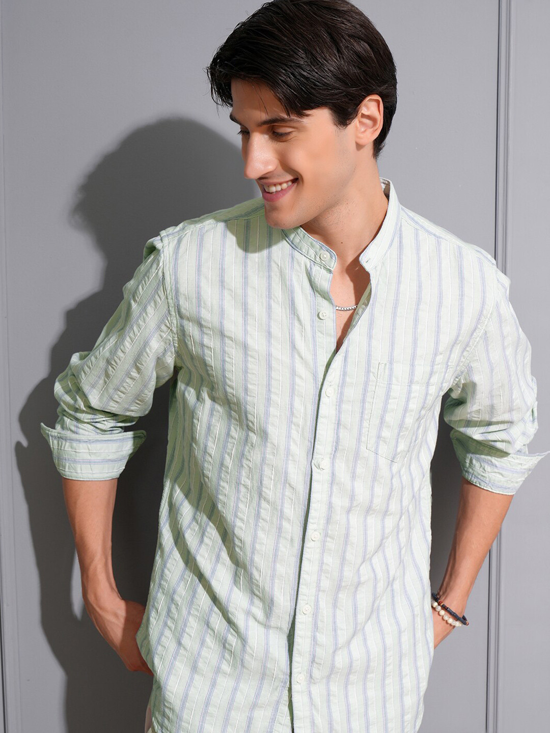 LOCOMOTIVE Men Premium Dobby Tetu Stripped Mandrain Collar Casual Shirt