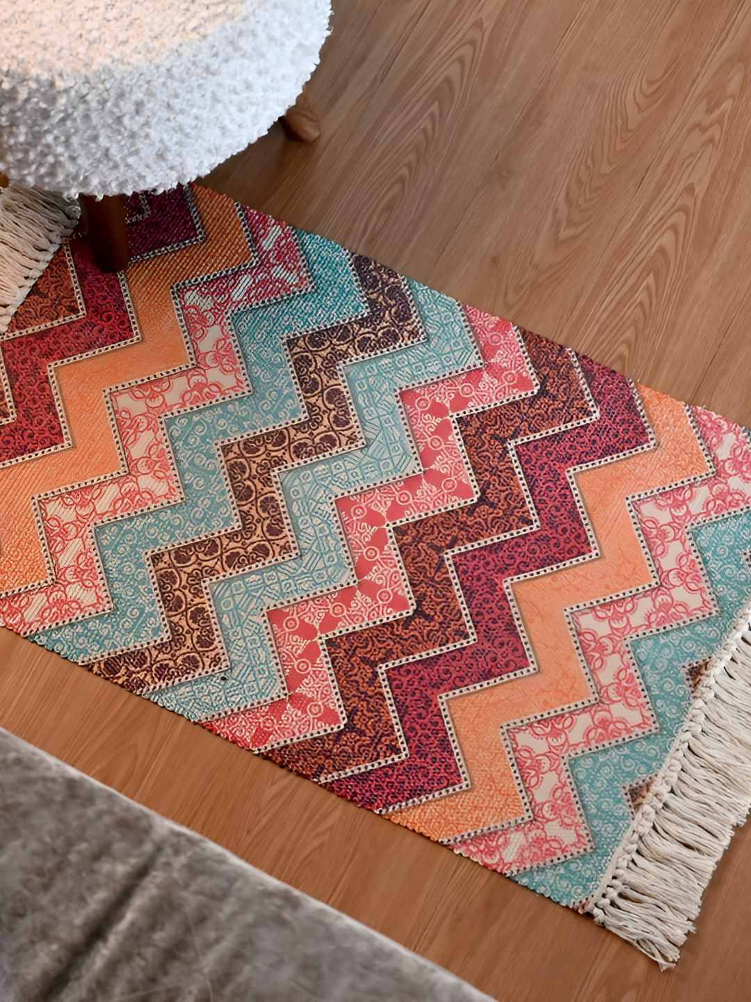 INDIAN HOME FAB Red & Orange Cotton Anti-Skid Vinatge Printed Floor Mats & Dhurries