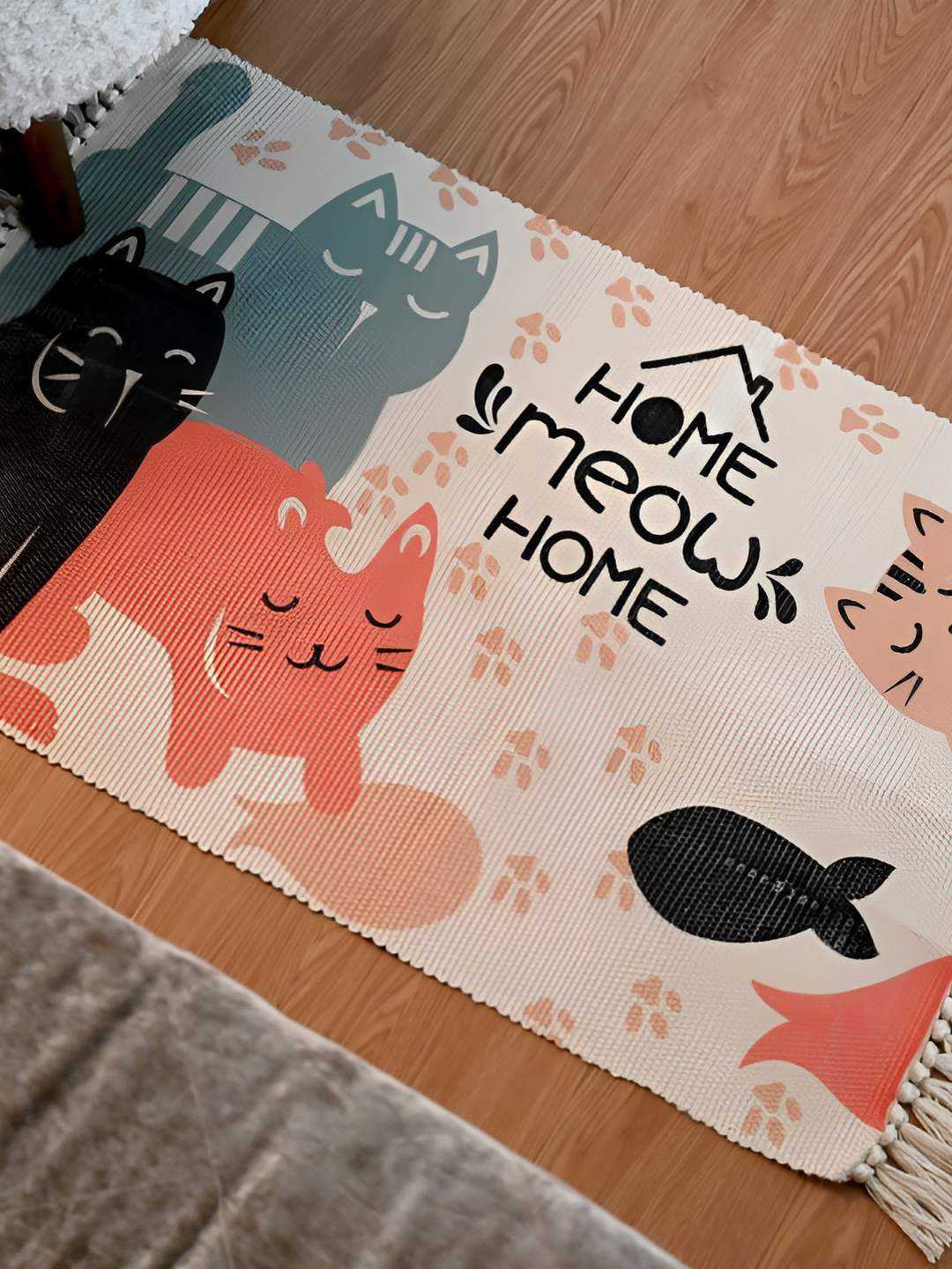 INDIAN HOME FAB Peach & Black Cotton Anti-Skid Meow Home Printed Floor Mats & Dhurries