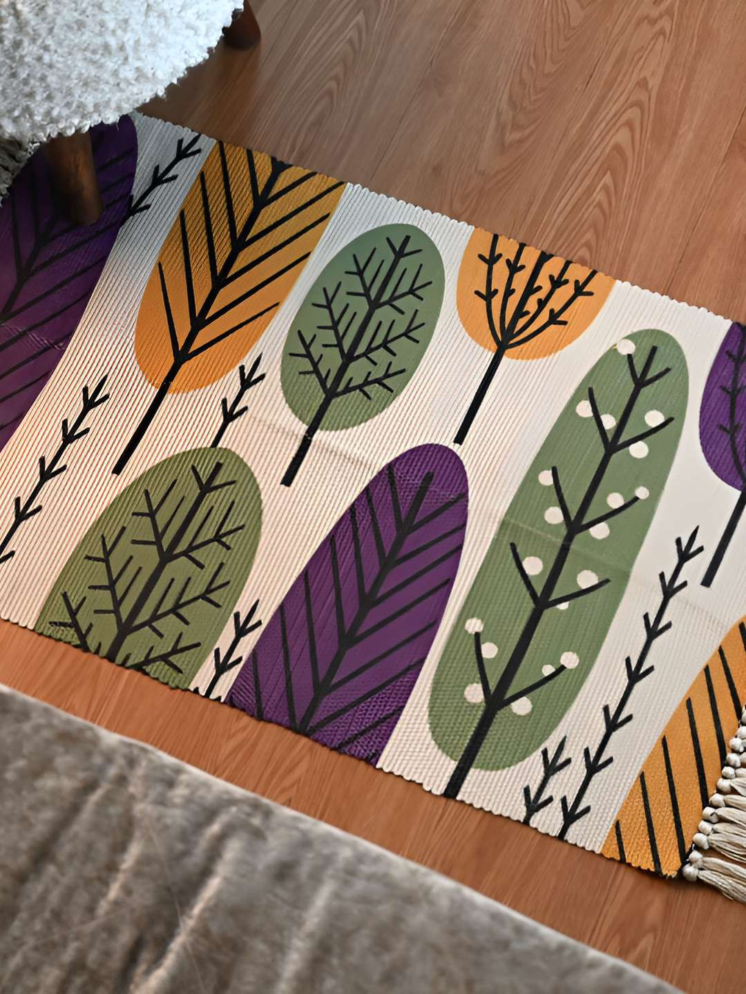 INDIAN HOME FAB Purple & White Cotton Anti-Skid Tree Printed Floor Mats & Dhurries