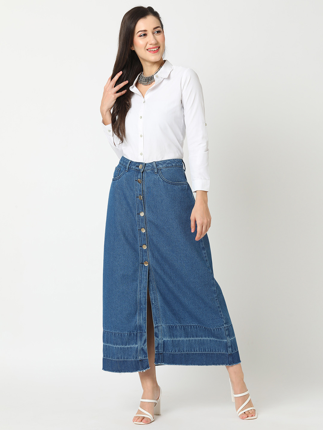 Globus Washed Denim Front-Slit A-Line Pure Cotton Maxi Skirt