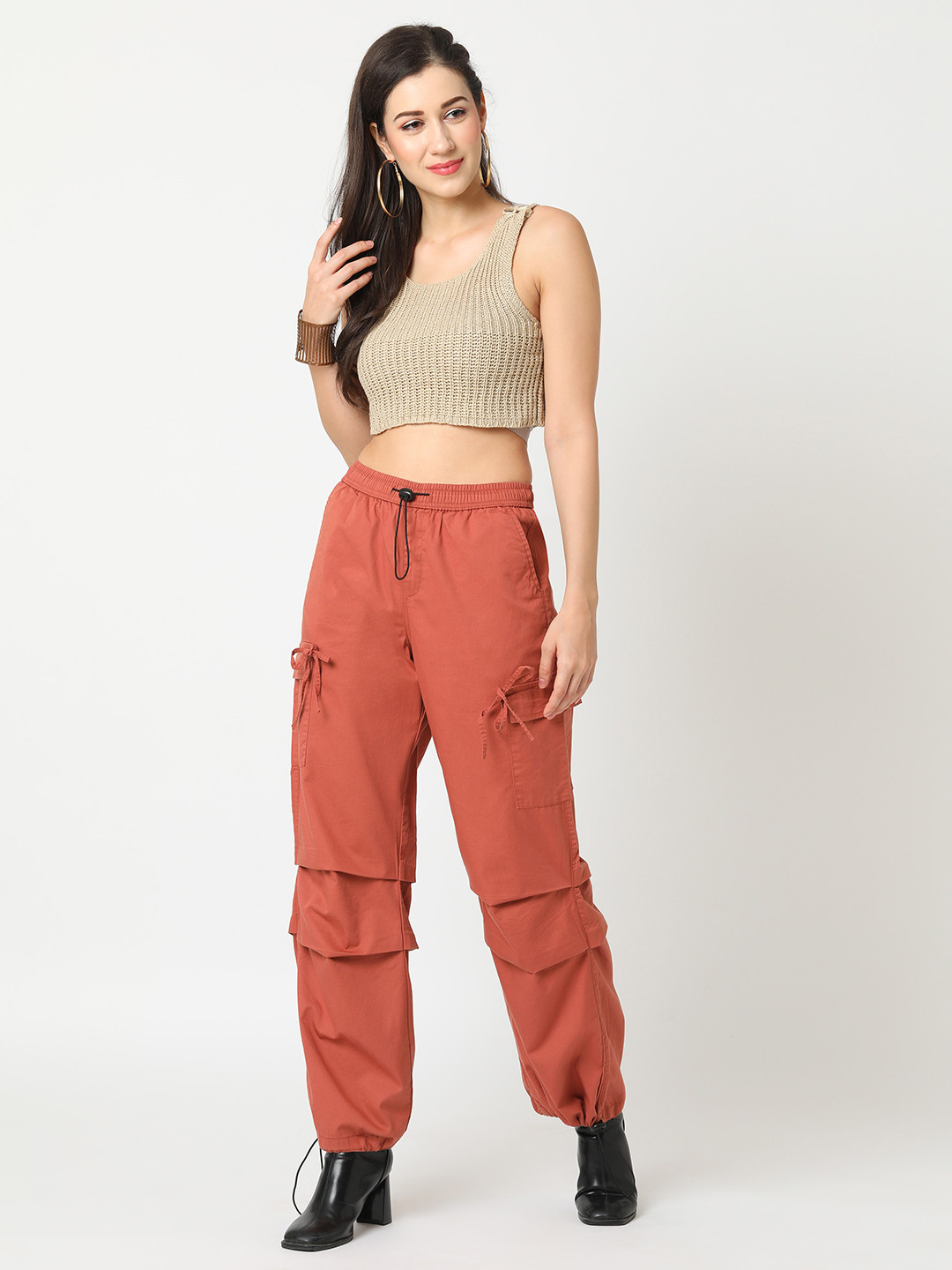 Globus Women Rust Coloured Relaxed Straight Leg Loose Fit Pure Cotton Cargo