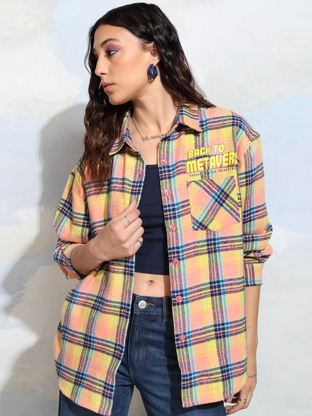 Tokyo Talkies Women Multi Checked Printed Oversized Shirt