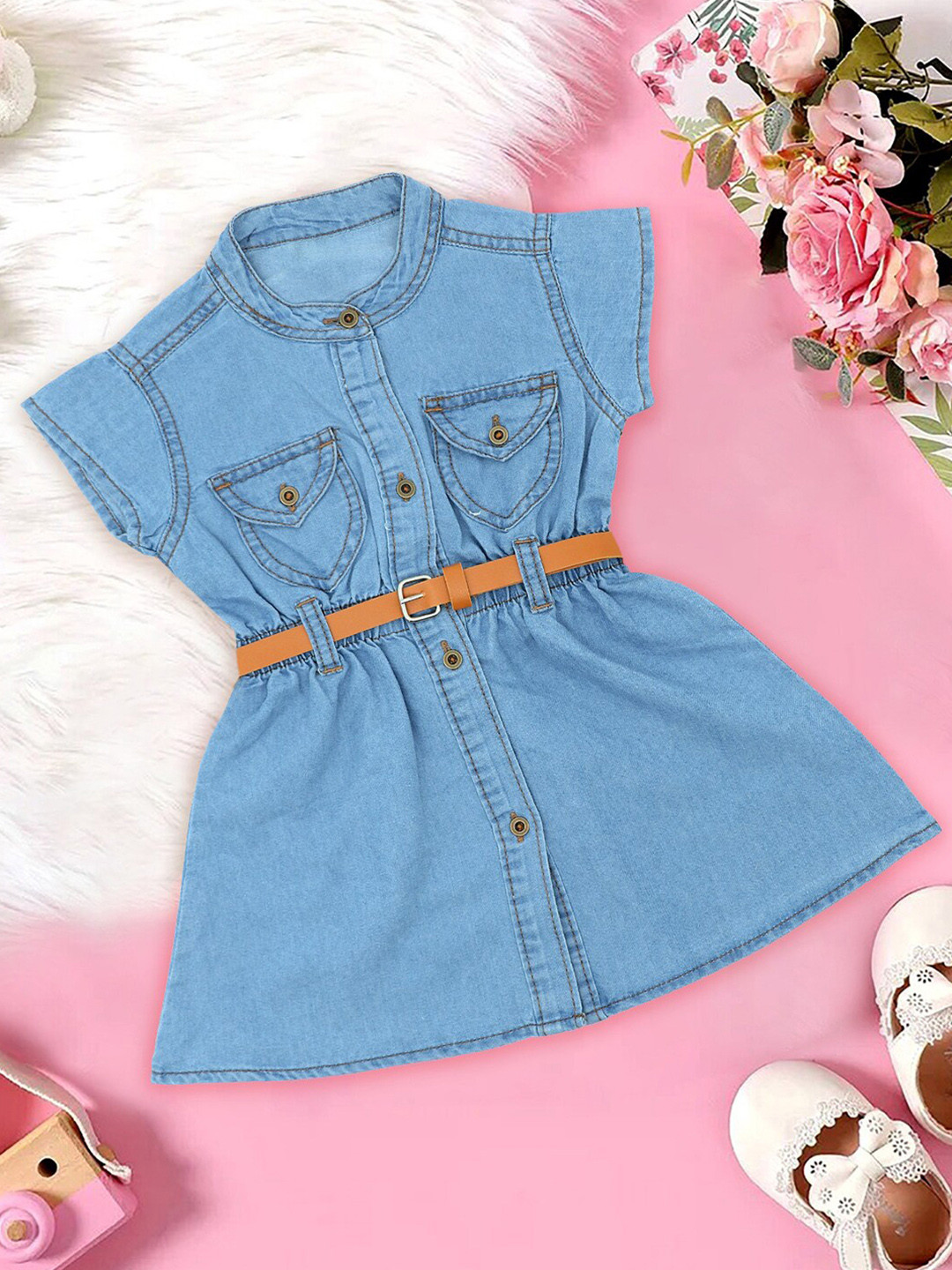 Bold N Elegant Girls Mandarin Collar Denim Shirt Dress With Belt