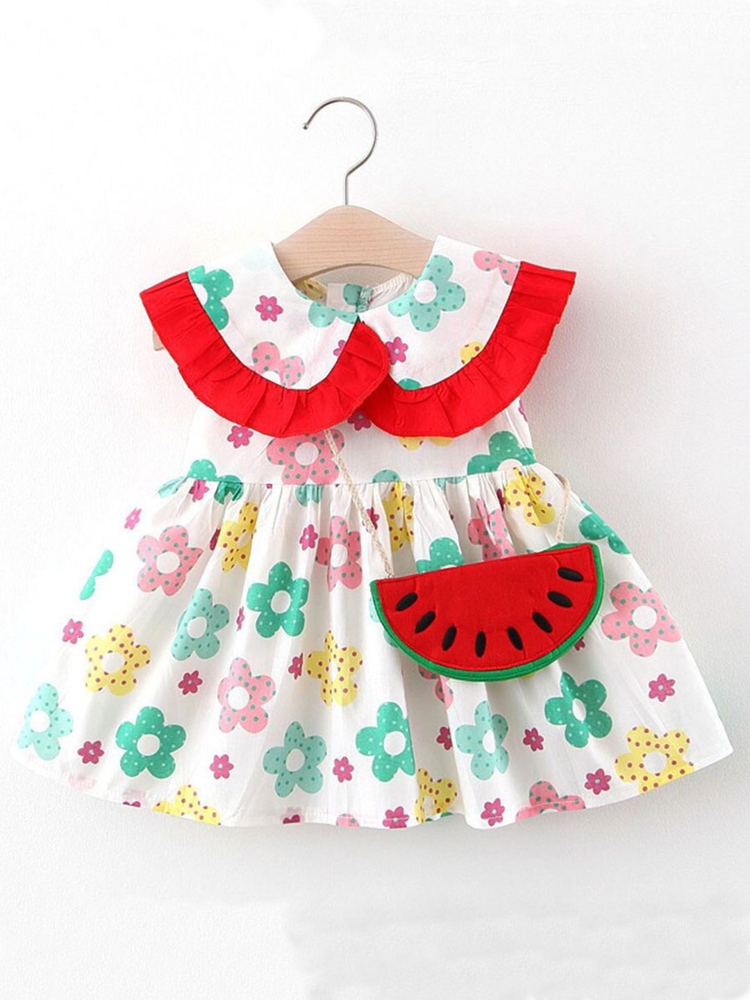 Bold N Elegant Girls Floral Printed Cotton Peter Pan Collar Fit & Flare Dress With Purse