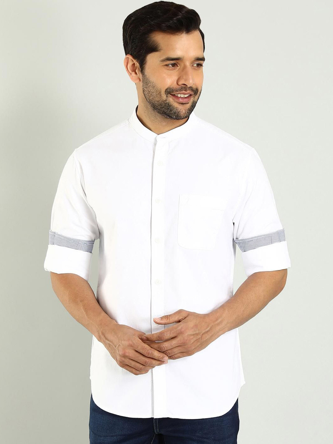 Indian Terrain Band Collar Roll Up Sleeves Classic Slim Fit Cotton Casual Shirt