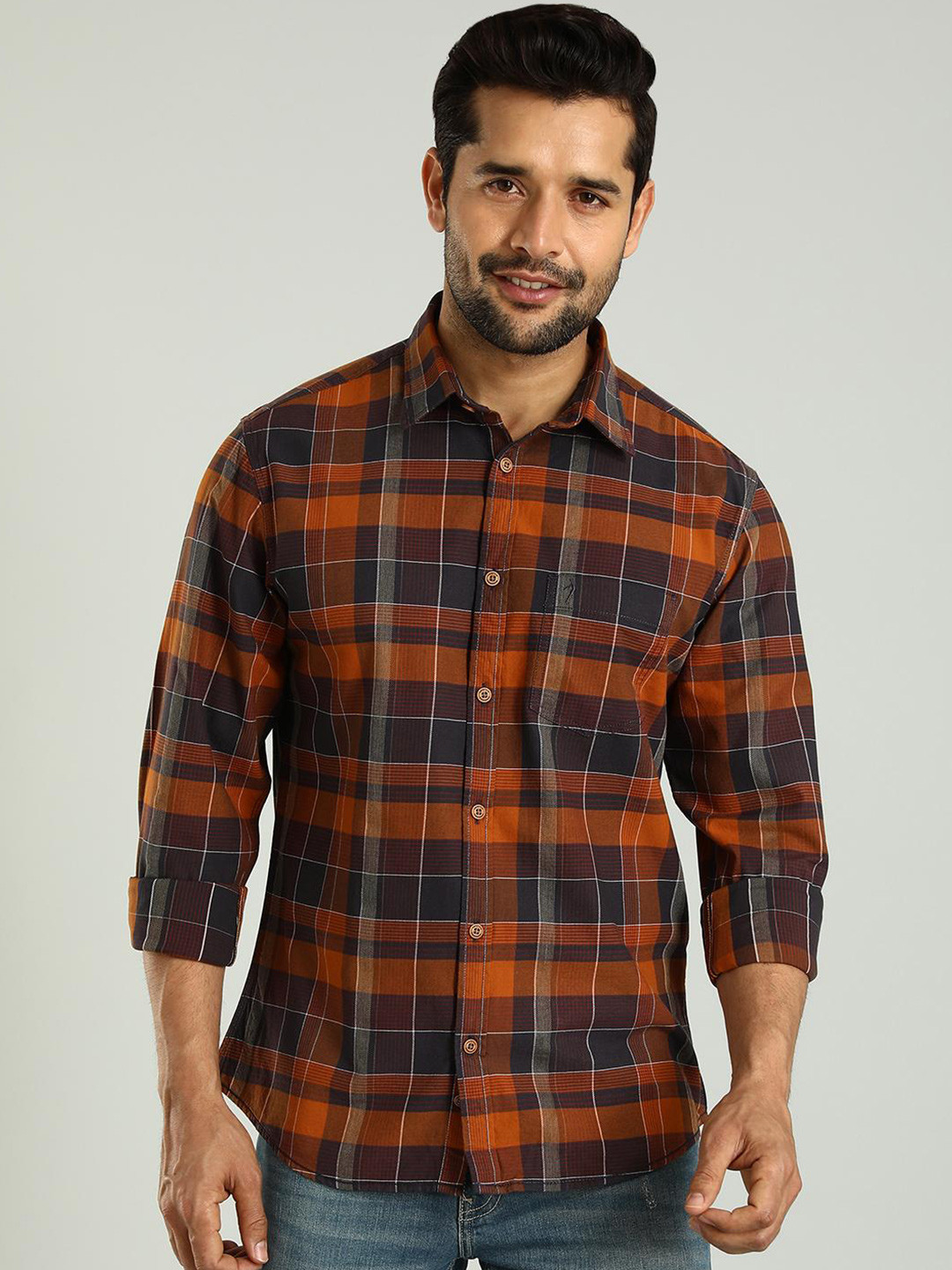 Indian Terrain Skinny Fit Tartan Checked Spread Collar Long Sleeves Cotton Casual Shirt