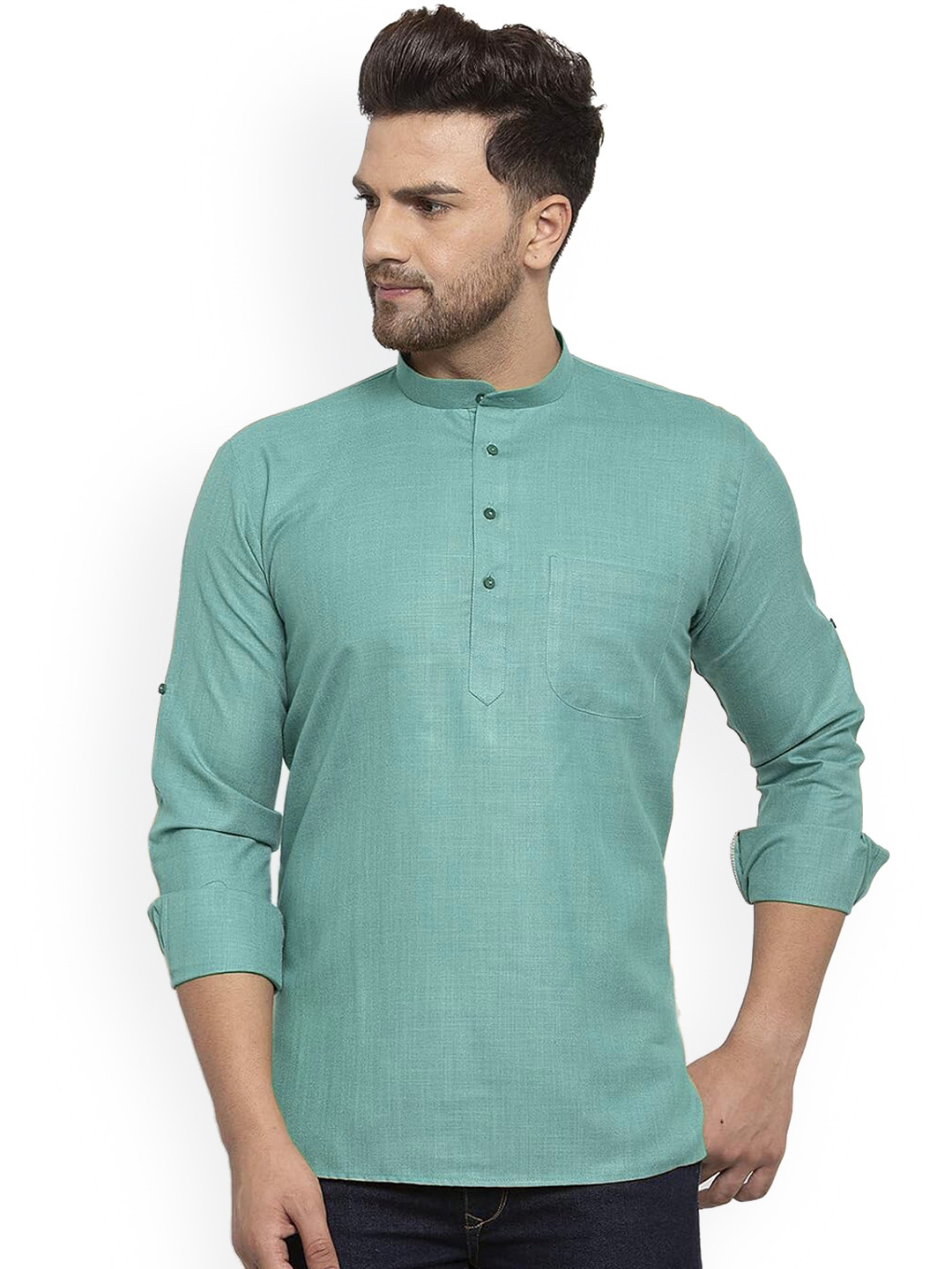 KRAFT INDIA Mandarin Collar Roll-Up Sleeves Straight Kurta
