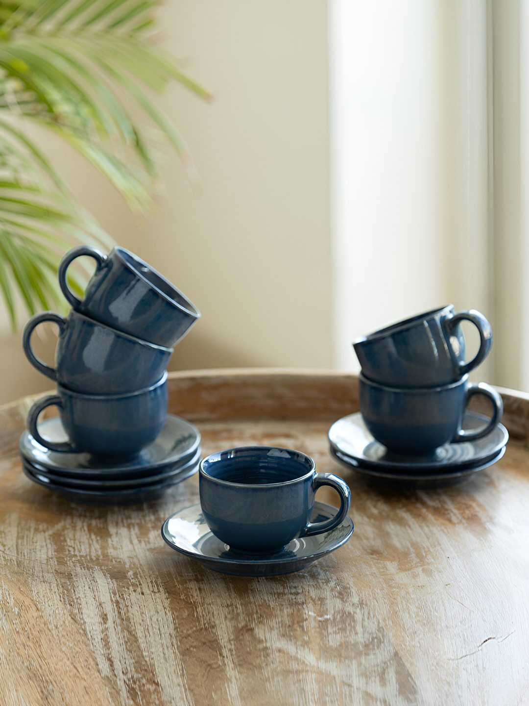 ExclusiveLane Ocean Ripples 6-Pcs Navy Blue Ceramic Tea Cups & Saucers-120ml Each