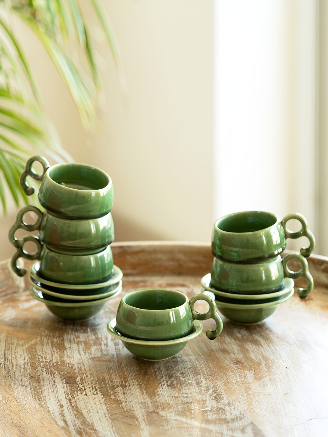 ExclusiveLane 6 Pieces Jade Forest Green Hand Glazed Ceramic Tea Cups & Saucers 120ml