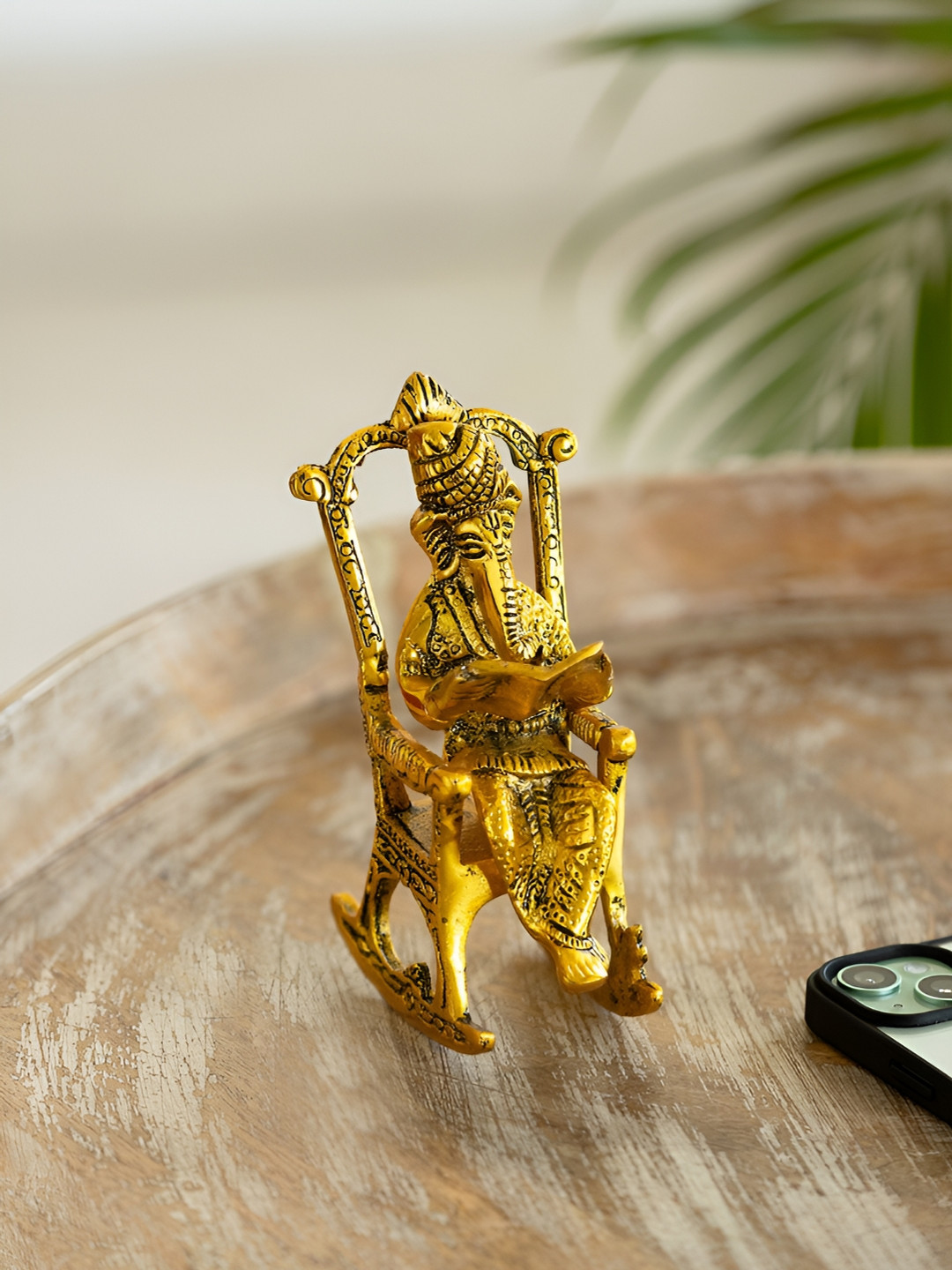 ExclusiveLane Ganesha On Rocking Chair Gold Metal Metallic Prayer Room Hand-Crafted Small Showpiece - 5.9 Inches