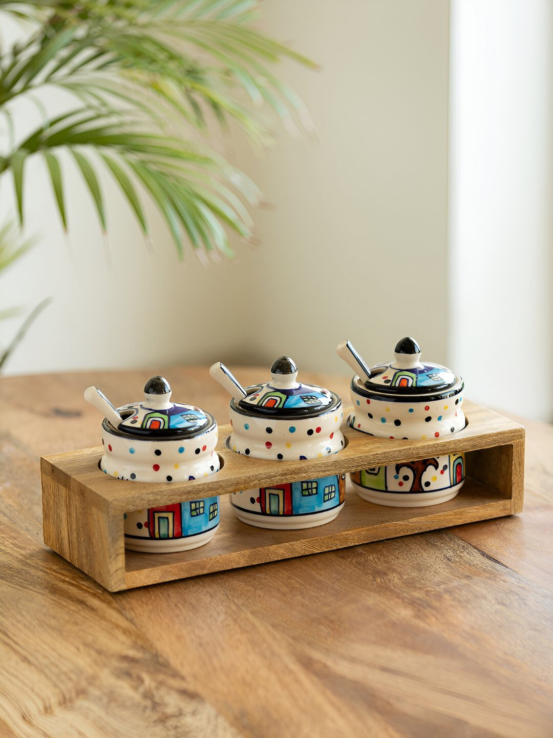 Exclusivelane The Hut White Polka Dots Ceramic Hand-Painted 3 Piece Clip-On Canister-280ml