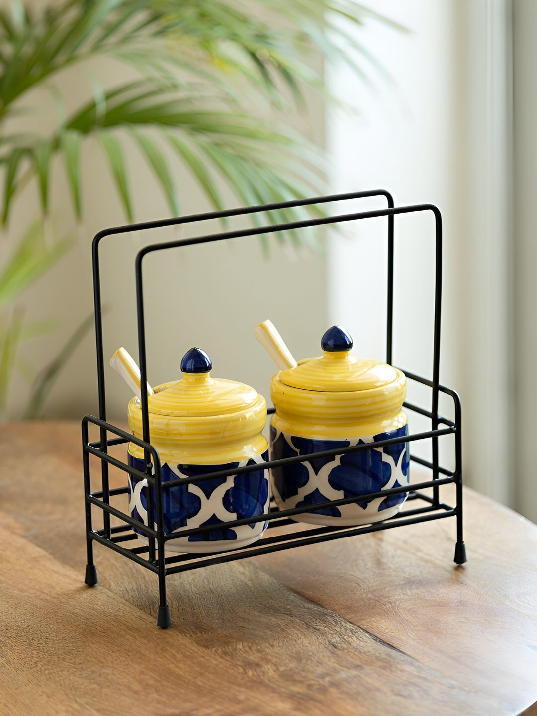 ExclusiveLane Set Of 2 Hand Painted Ceramic Jar With Spoons & Iron Caddy