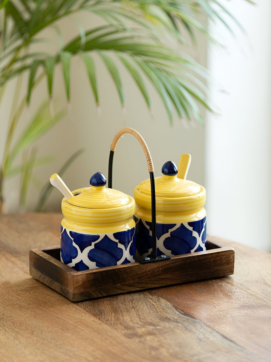 Exclusivelane Moroccan Blue Argyle Ceramic Hand-Painted 2 Piece Clip-On Canister-280ml