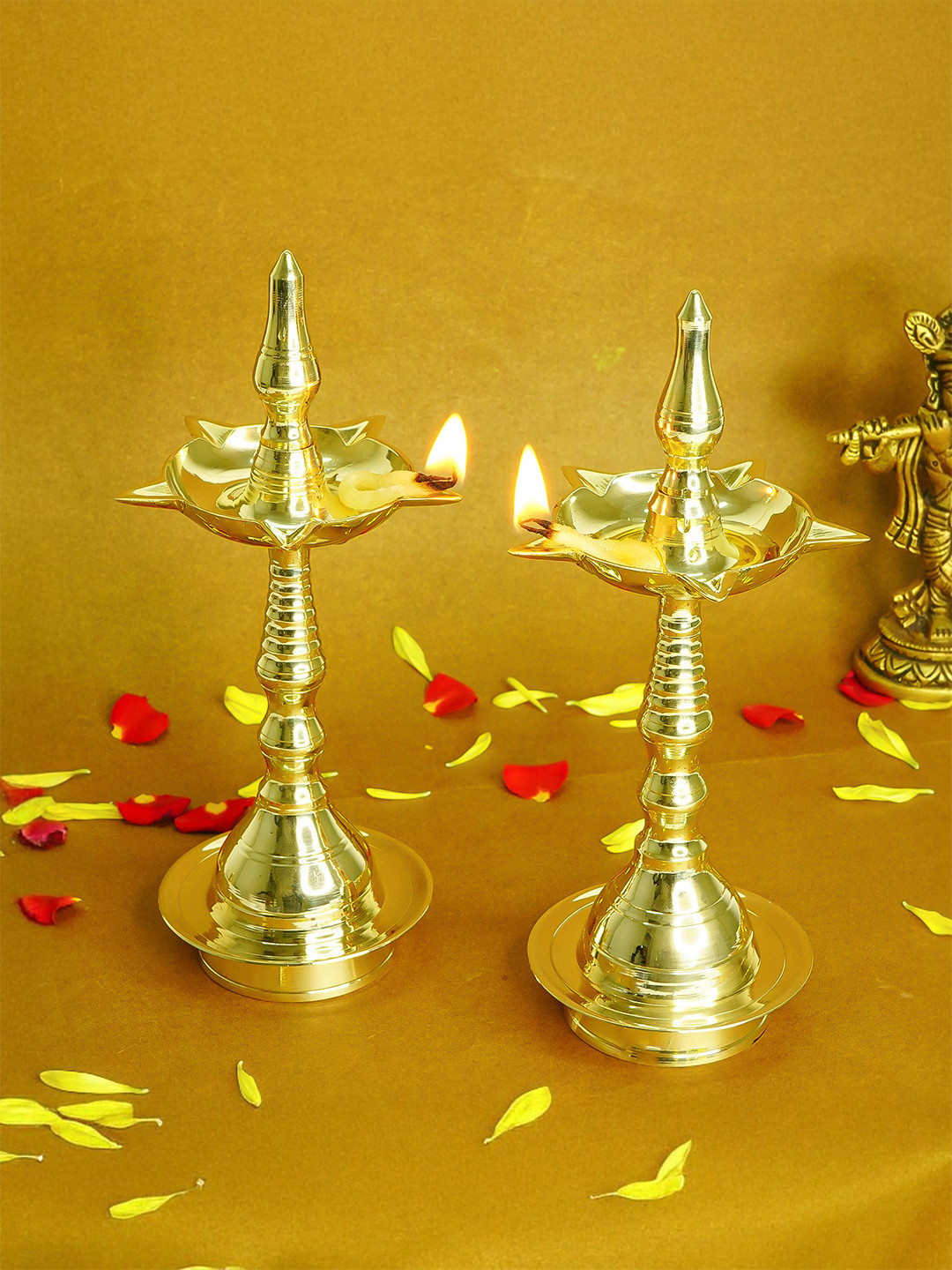 EKHASA Set of 2 Pure Brass Kerala Kuthu Vilakku Pooja Diya