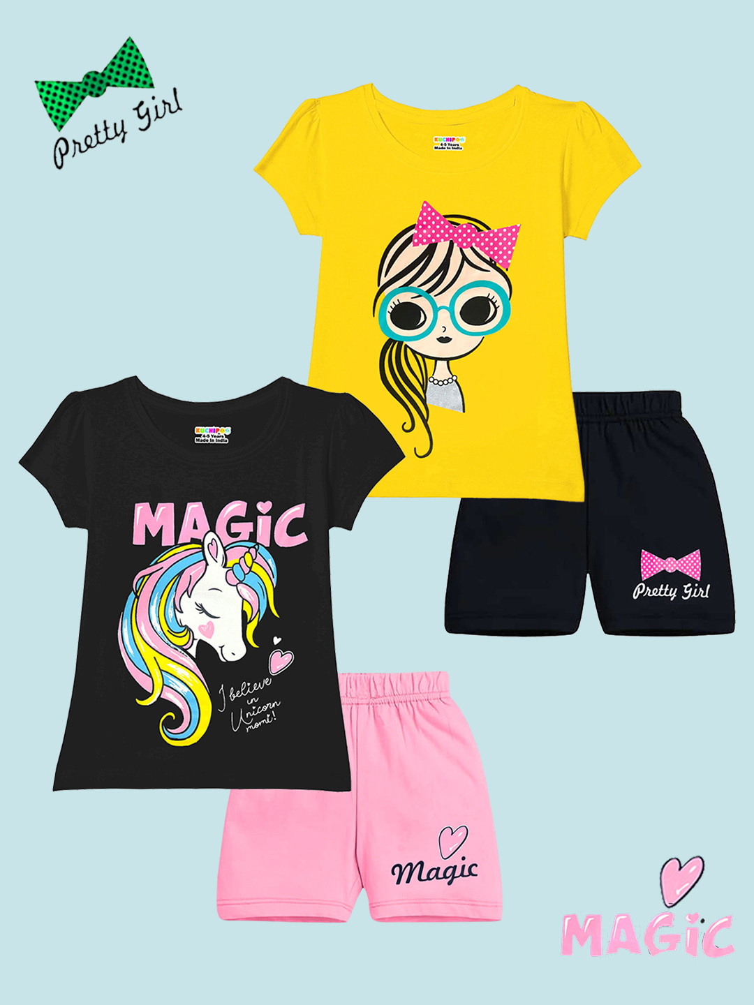 KUCHIPOO Pack Of 2 Girls Graphic Printed Clothing Set