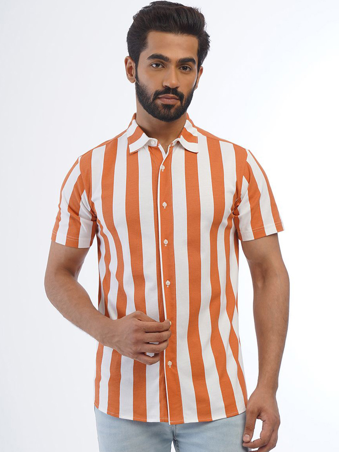ONE SKY Straight Vertical Stripes Cutaway Collar Cotton Casual Shirt