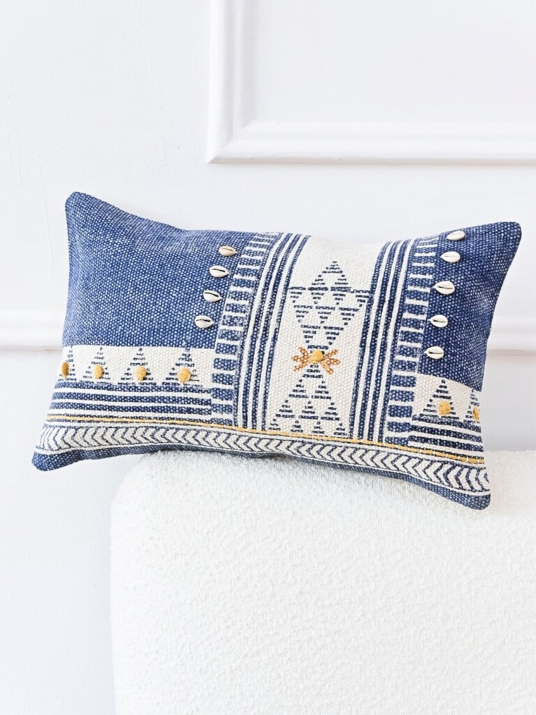 Art Avenue White & Blue 2 Pieces Geometric self Design Rectangle Cotton Cushion Covers