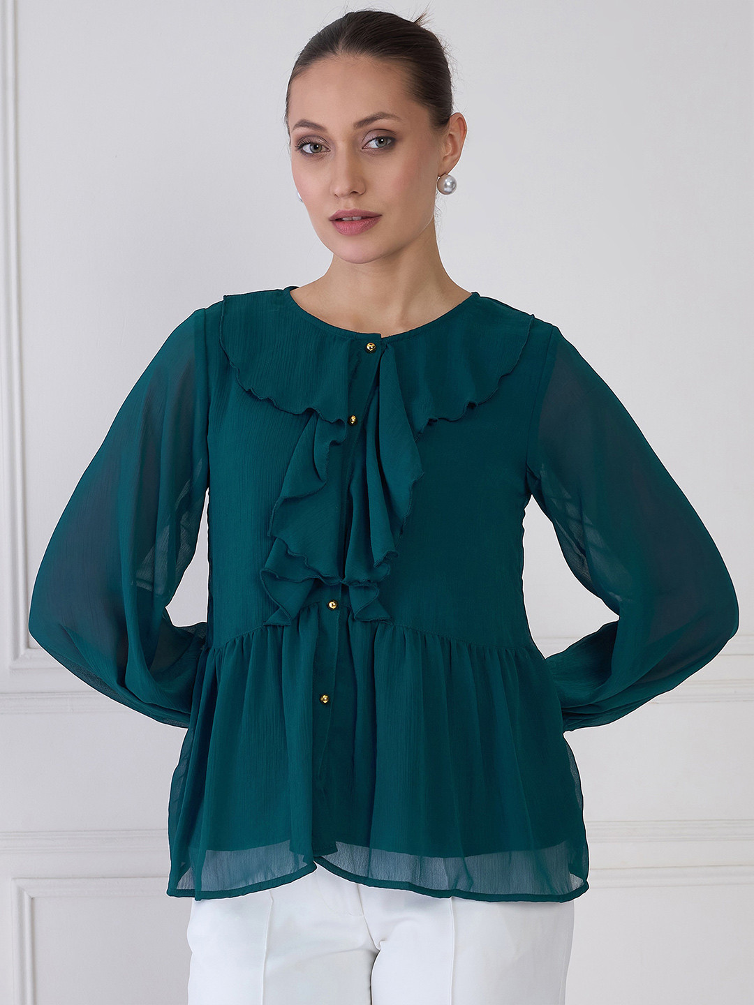 Antheaa Elit Round Neck Button Closure Chiffon Top