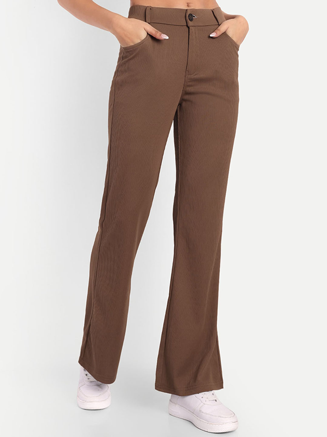 BROADSTAR Women High-Rise Stretchable Flared Bootcut Corduroy Trousers