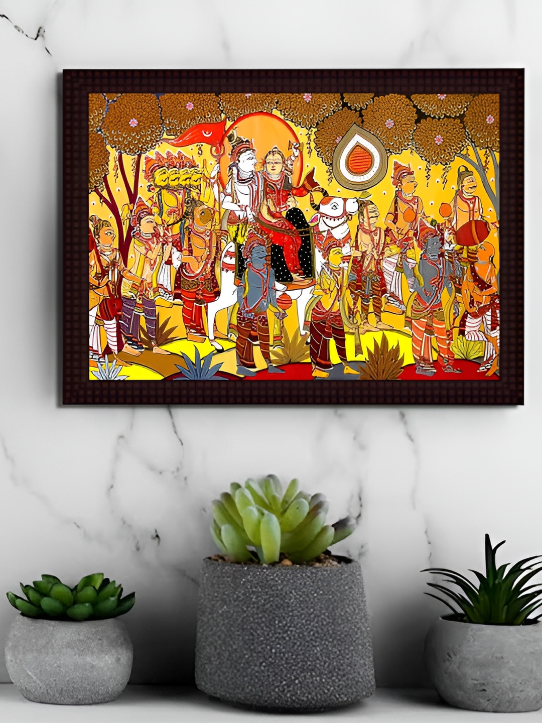 Tamatina Yellow & Red 1 Piece Wood Shiva & Parvati Religious Wall Paintings
