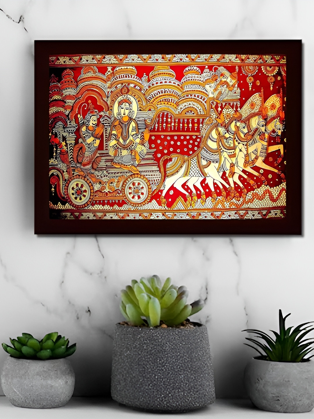 Tamatina Krishna with Arjun Wood Wall Rectangle Paintings Wall Art - 11.5x15.5In