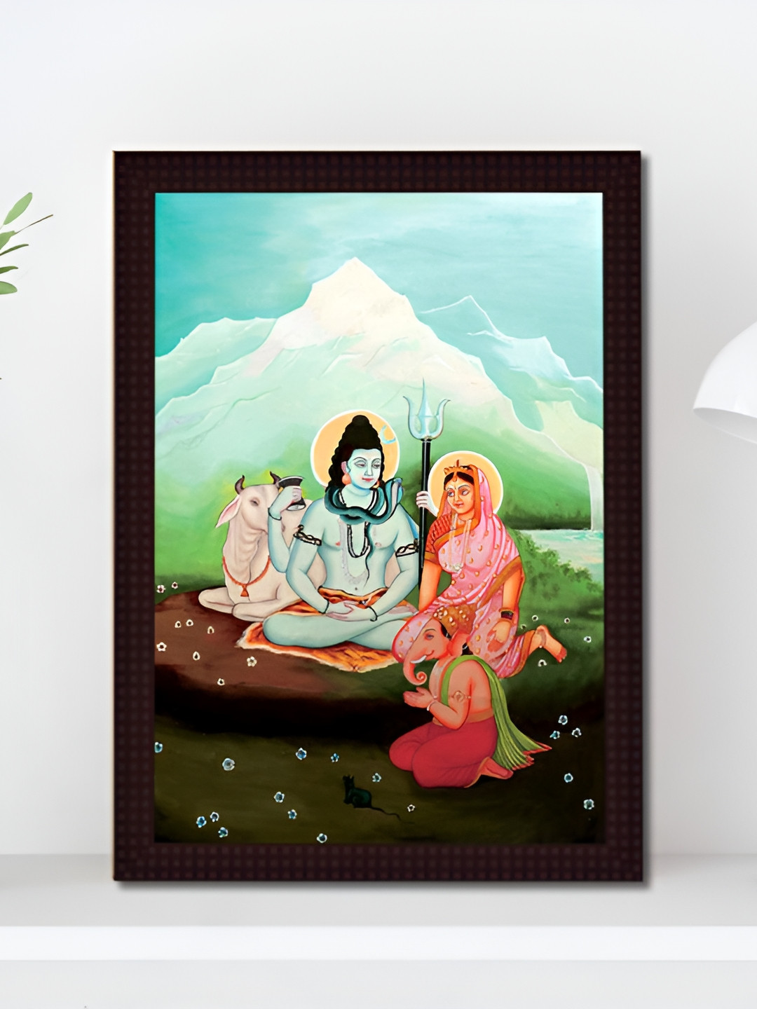 Tamatina Blue & Red 1 Piece Wood Lord Shiva Parvati & Ganesh Wall Paintings