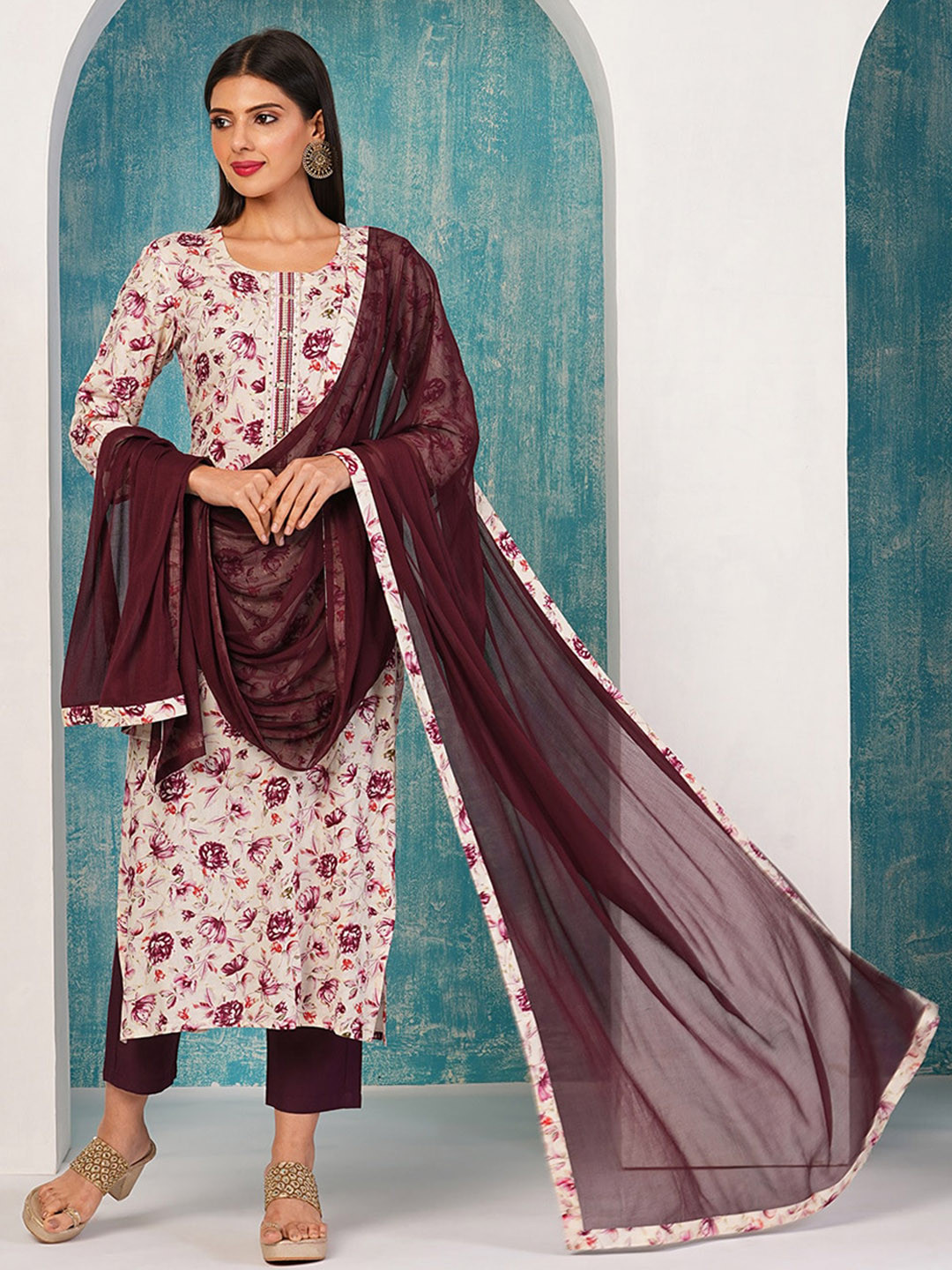Anni Designer Women Floral Printed Regular Mirror Work Kurta with Trousers & With Dupatta