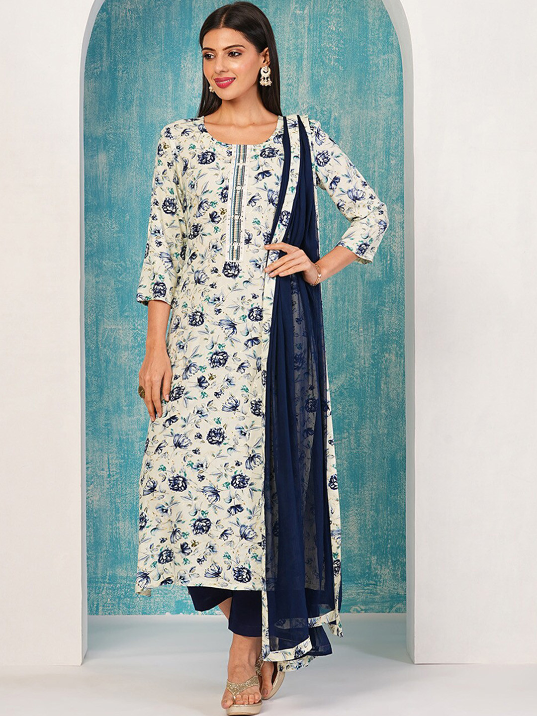 Anni Designer Floral Printed Mirror Work Straight Kurta with Trousers & Dupatta