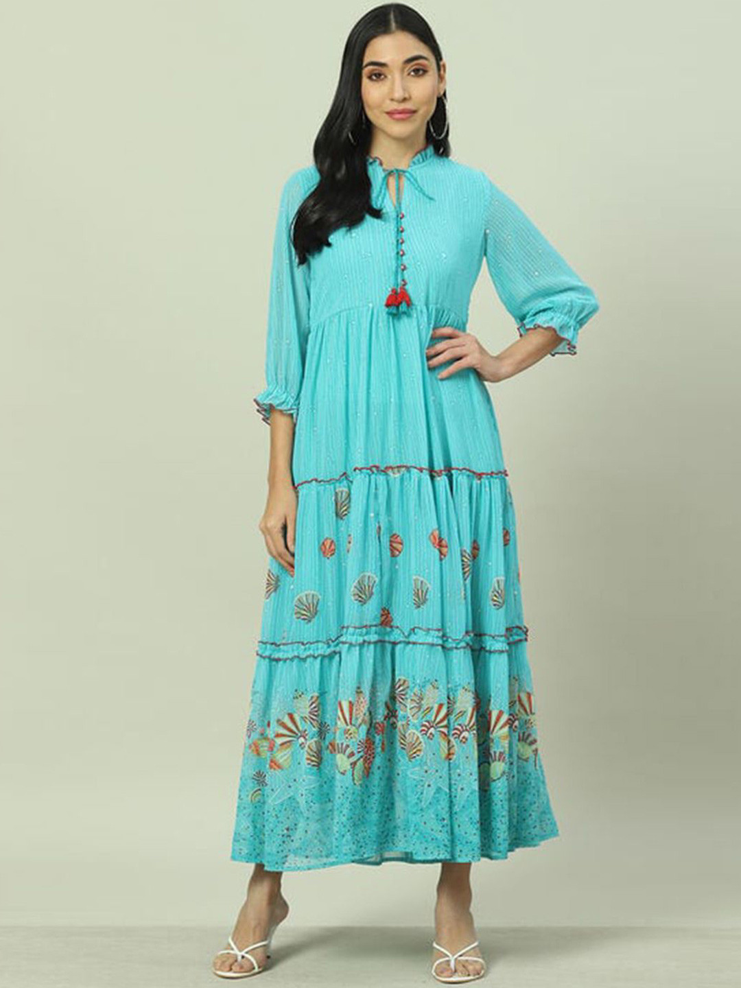 Rangriti Women Floral Print Tie-Up Neck Maxi Dress