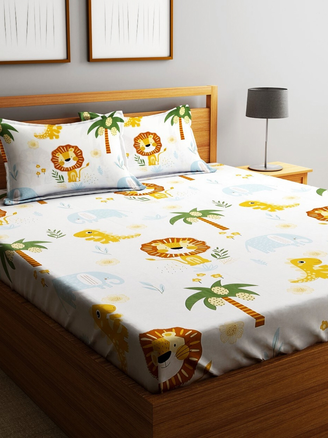 Home Sizzler White Graphic Microfiber 210 TC Queen Fine Bedsheet with 2 Pillow Covers-230 x 220 cm