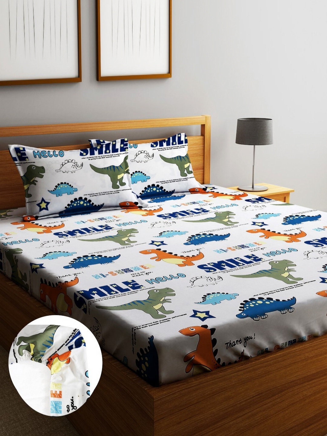 Home Sizzler Kid'S Dinosours White Graphic Microfiber 210 TC Fitted King Fine Bedsheet with 2 Pillow Covers-59 x 87 inches