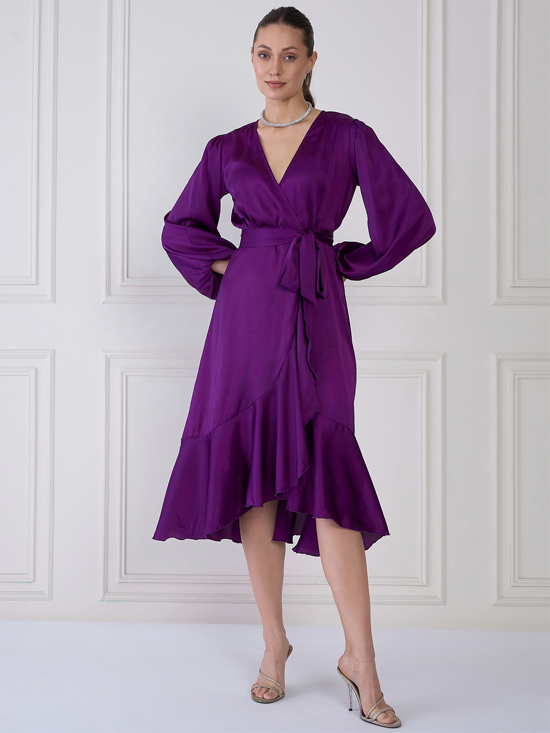Antheaa Purple V-Neck Cuffed Sleeves Layered Satin Midi Wrap Dress