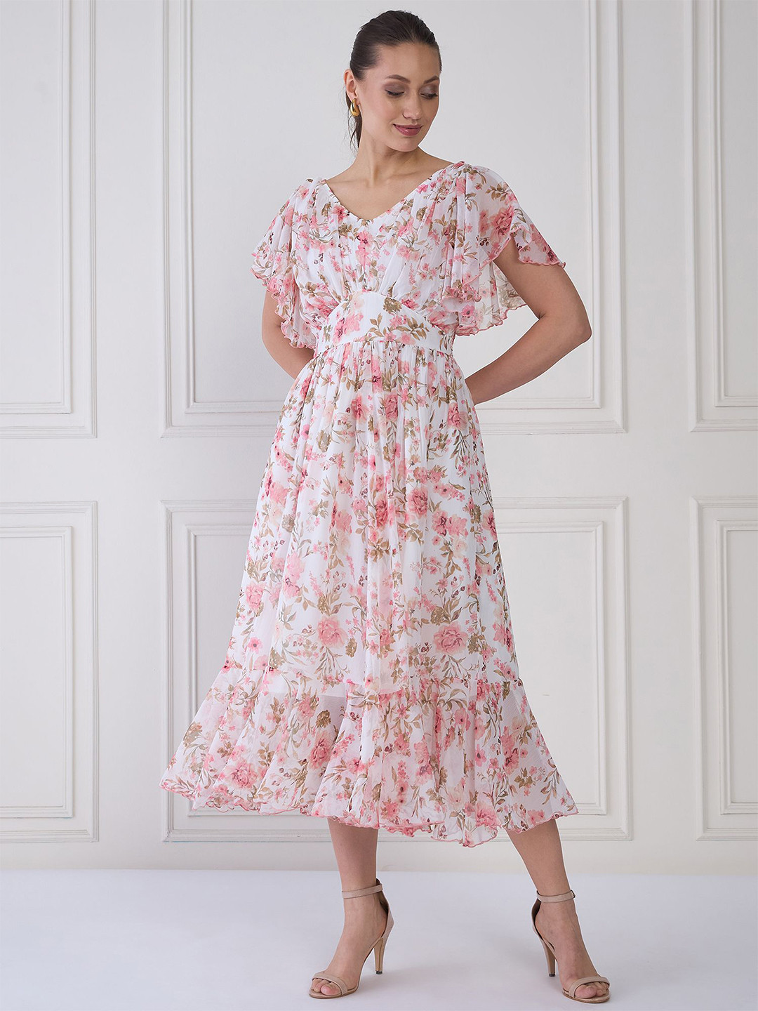 Antheaa Women Floral Print Flared Sleeve Layered Fit & Flare Midi Dress