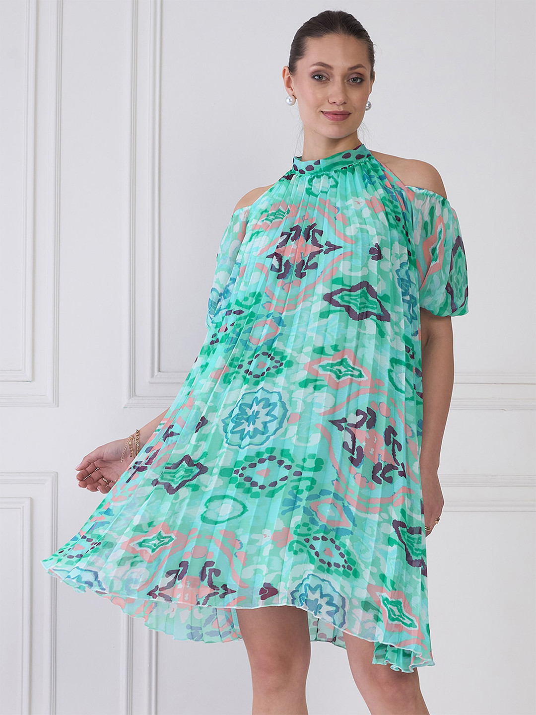 Antheaa Floral Print Halter Neck Pleated Bardot Dress
