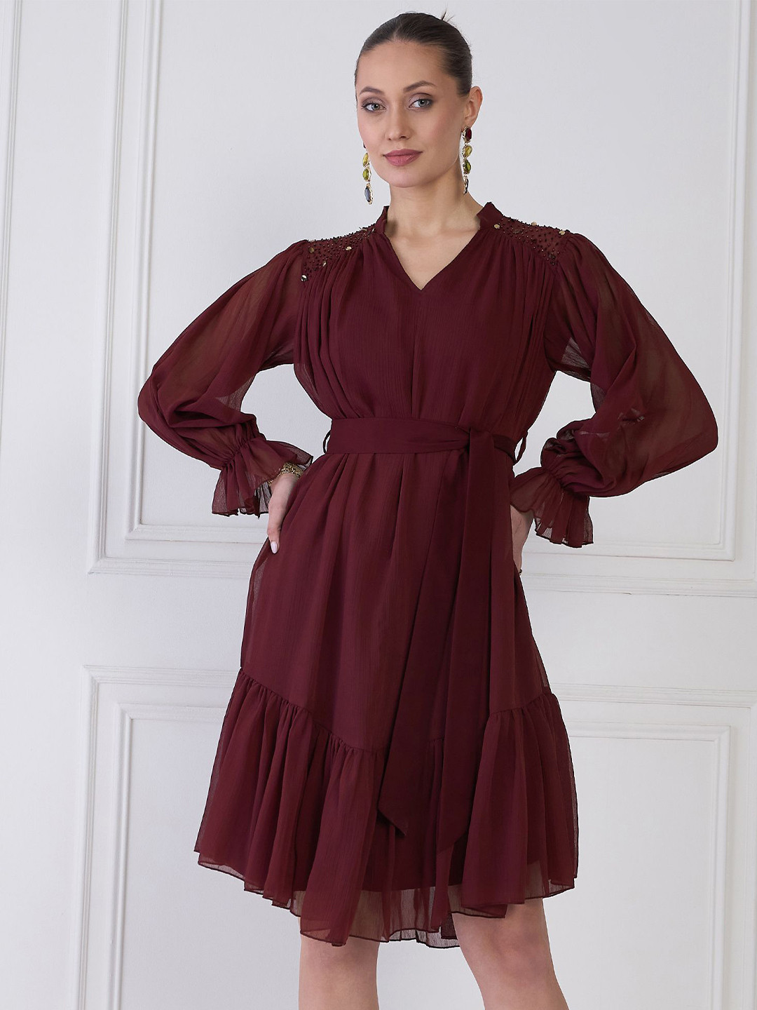 Antheaa Maroon V-Neck Puff Sleeve Chiffon Fit & Flare Dress