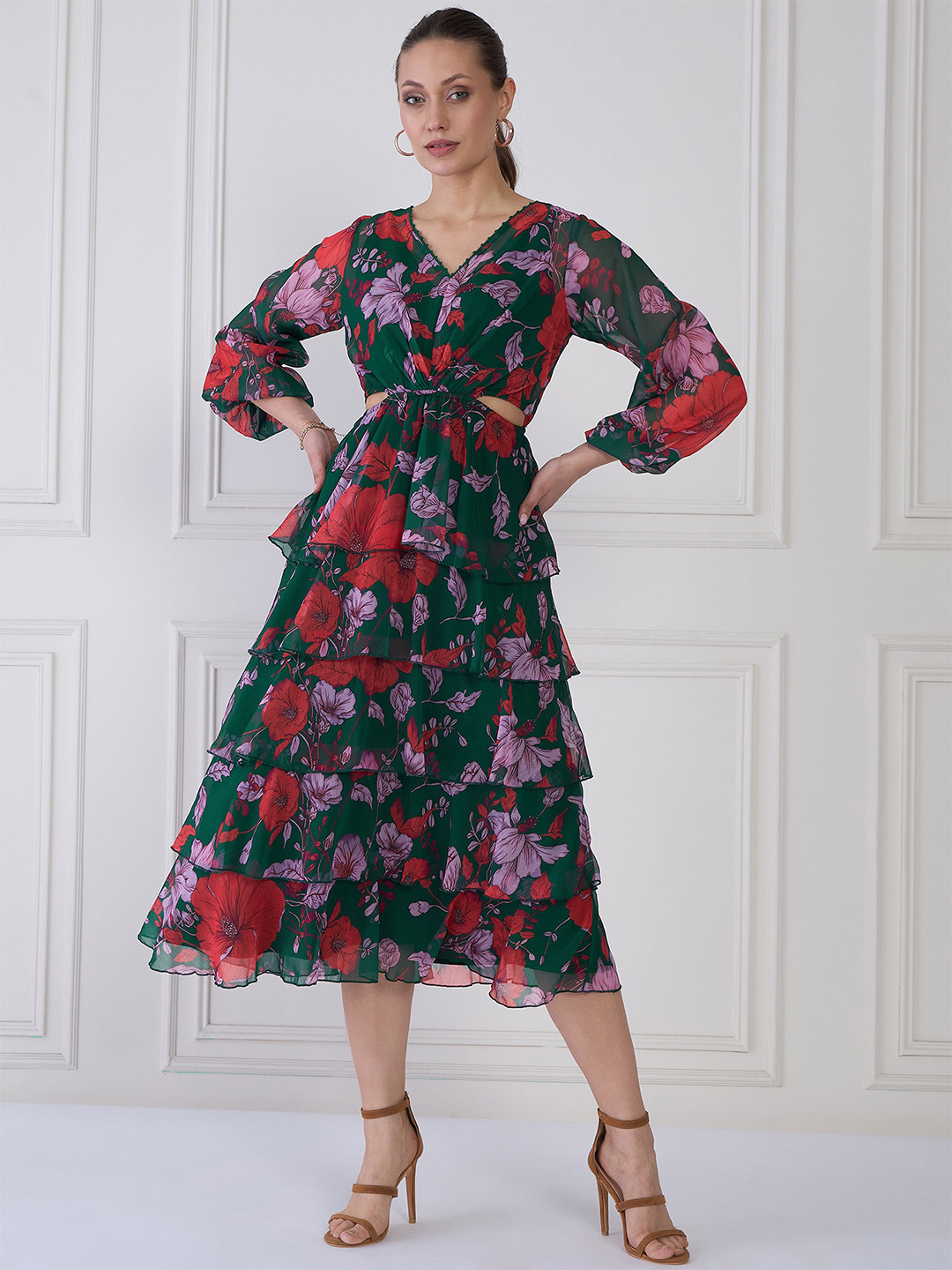 Antheaa Green Floral Print V-Neck Cuffed Sleeve Layered Chiffon Fit & Flare Midi Dress