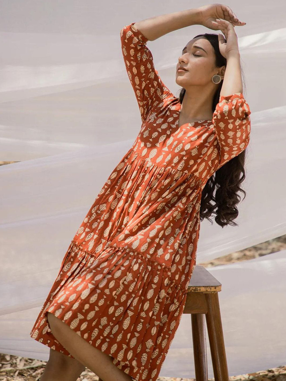 Mera Rang Print Layered A-Line Maxi Dress