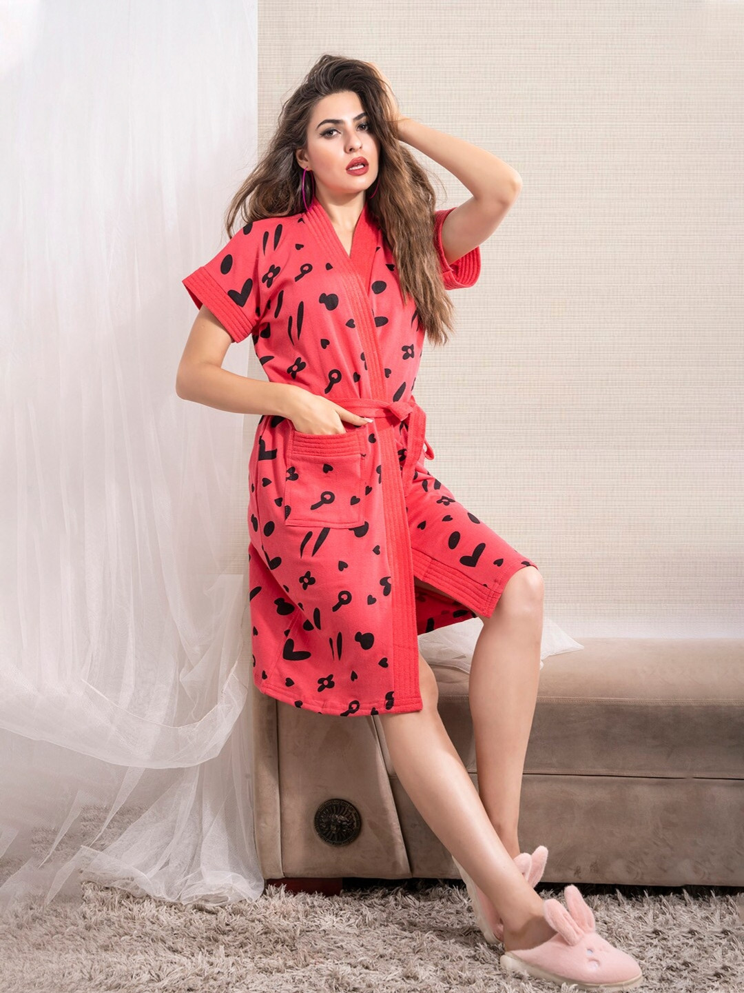 HotGown Rose Conversational Cotton Drawstring Midi Bath Robe