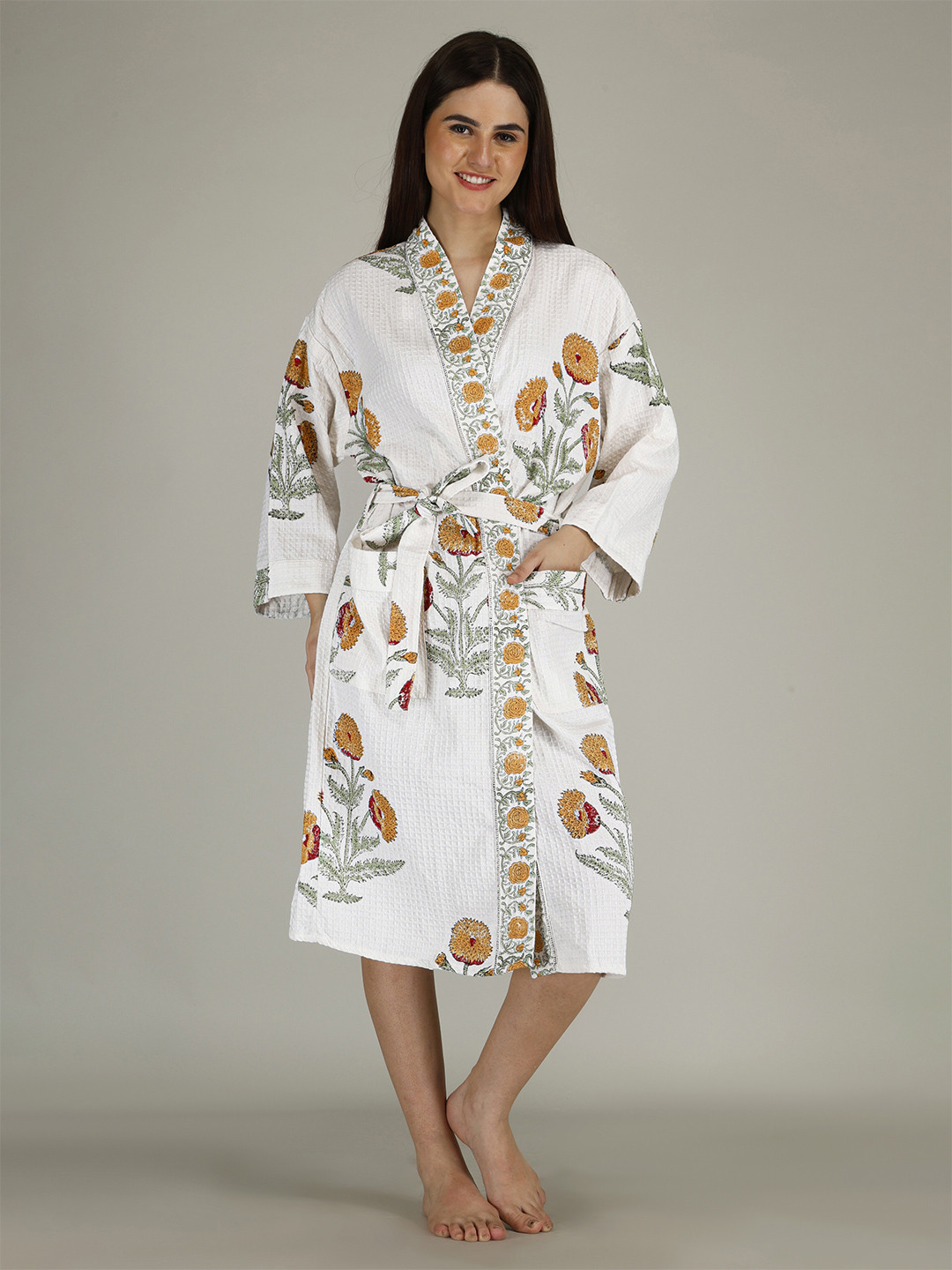 LIVING ROOTS Waffle Handblock White Floral Cotton Drawstring Midi Bath Robe